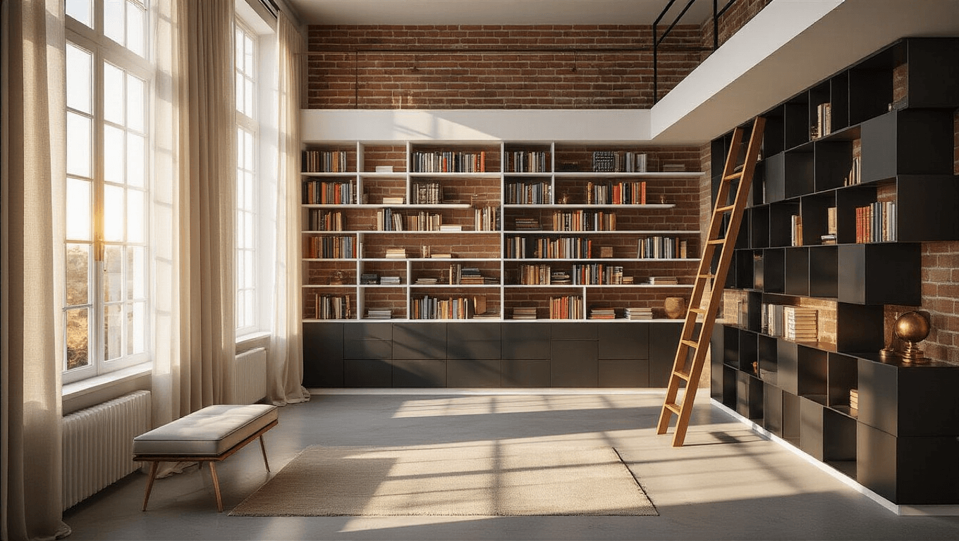 A luxurious modern home library featuring trendy shelving styles, including floating white shelves, black geometric units, and an oak ladder shelf against exposed brick, illuminated by warm golden hour sunlight and integrated LED lighting.