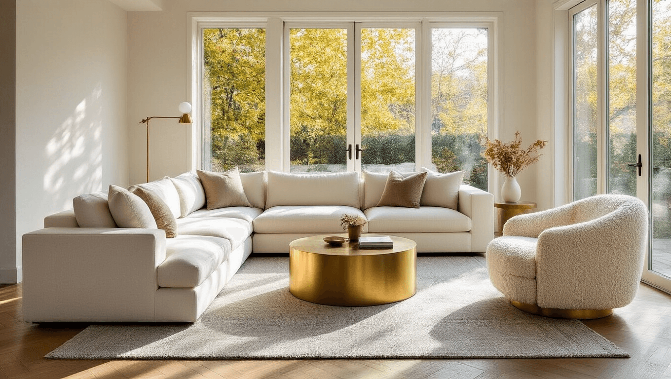 Cinematic wide-angle shot of a modern living room featuring an ivory sectional sofa, brass coffee table, bouclé accent chair, and herringbone wood floors, bathed in golden afternoon light.