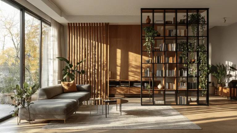 Cinematic wide-angle view of a modern living room featuring a wooden slat room divider, a sleek glass partition, and a contemporary bookshelf, all illuminated by golden hour sunlight, emphasizing rich textures and the interplay of light and shadow.