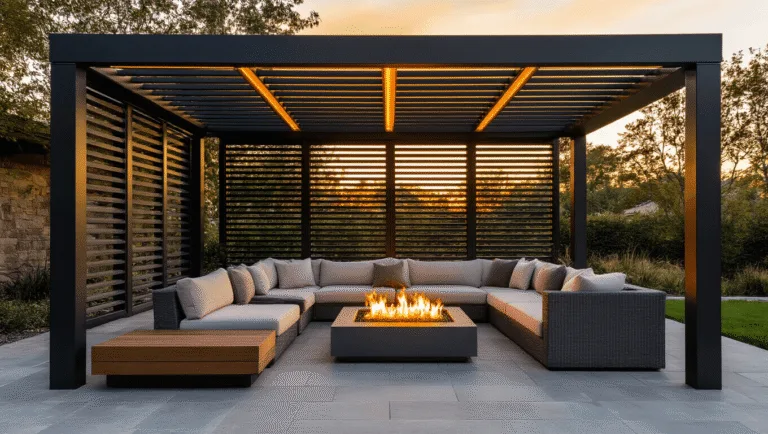 Cinematic wide-angle shot of a luxurious modern louvered pergola with warm golden hour lighting, showcasing a contemporary outdoor living space with a gray sectional sofa, linear fire table, and ambient LED lighting amidst lush landscaping.