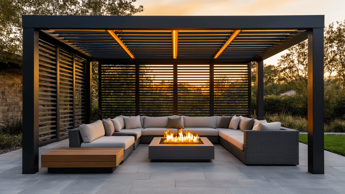 Cinematic wide-angle shot of a luxurious modern louvered pergola with warm golden hour lighting, showcasing a contemporary outdoor living space with a gray sectional sofa, linear fire table, and ambient LED lighting amidst lush landscaping.