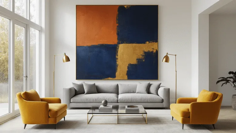 A spacious modern living room with high ceilings, featuring a large abstract canvas as a focal point above a grey linen sofa, accented by brass floor lamps, yellow velvet chairs, and natural light filtering through sheer curtains.