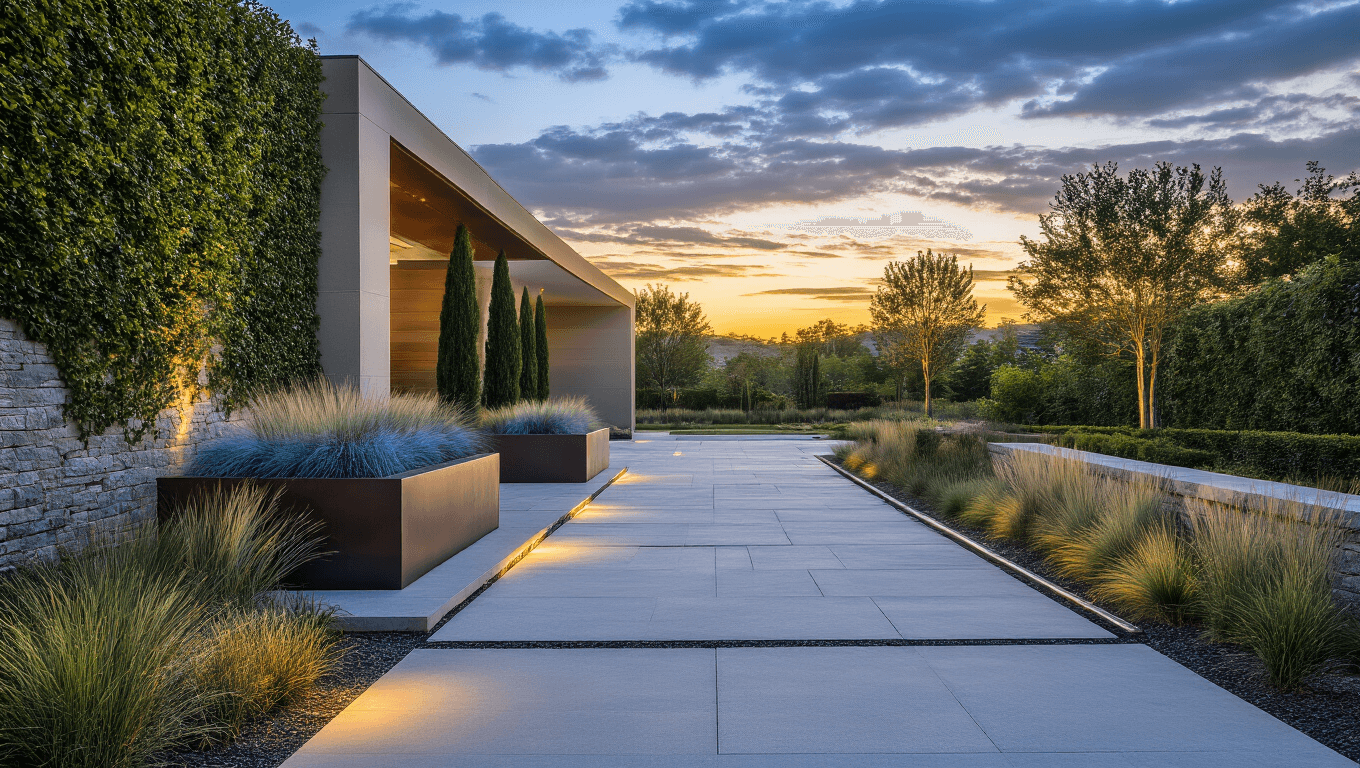 Cinematic view of a luxurious modern driveway featuring polished concrete and bluestone pavers, bordered by architectural metal planters with grasses and cypress trees, illuminated by soft LED lighting at golden hour.