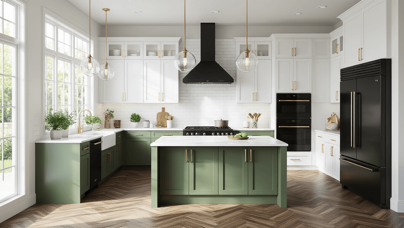 Photorealistic modern kitchen featuring black stainless steel appliances, white shaker cabinets, a sage green island with a marble waterfall countertop, and hardwood herringbone floors, illuminated by natural daylight and accentuated with brass hardware and crystal pendant lights.