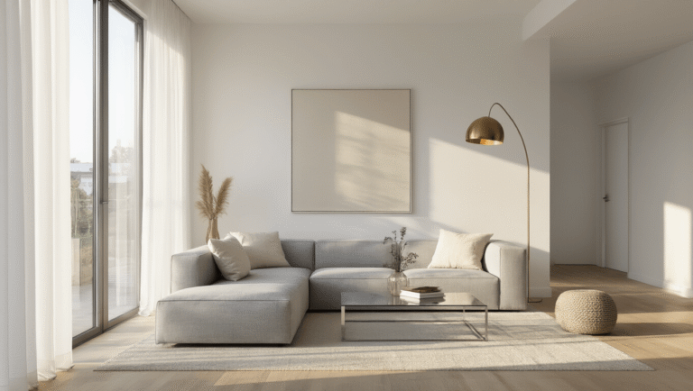 Mastering the Art of Modern Minimalist Living Rooms: A Guide to Serene Spaces A spacious modern minimalist living room with natural light streaming through floor-to-ceiling windows, featuring a grey sectional sofa, a glass coffee table, and a large abstract canvas, all complemented by a floor lamp and a fiddle leaf fig.