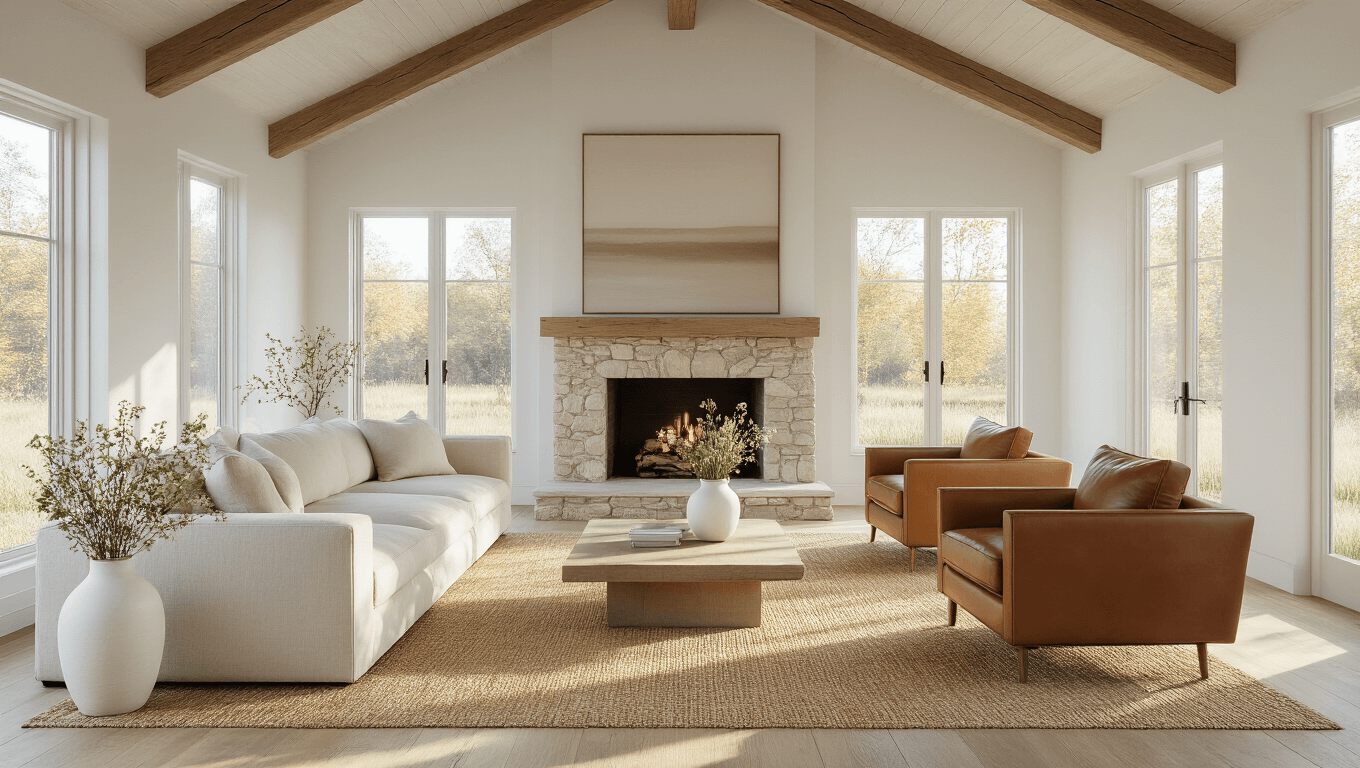 Photorealistic image of a sunlit minimalist cottage living room featuring vaulted ceilings with exposed wooden beams, a natural stone fireplace, an oatmeal linen sectional sofa, cognac leather armchairs, and a natural jute rug, all bathed in warm golden hour light.