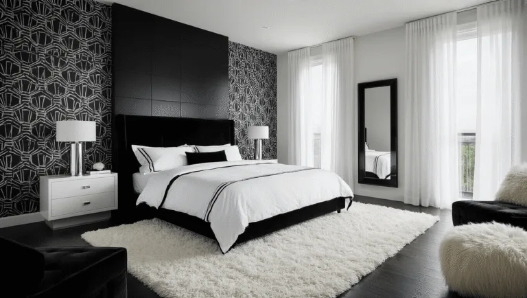 A luxurious modern bedroom featuring a king-size bed with white linen and black piping, geometric black and white wallpaper, sheer white curtains, and a plush white shag rug on dark hardwood floors, captured in soft morning light with a shallow depth of field.