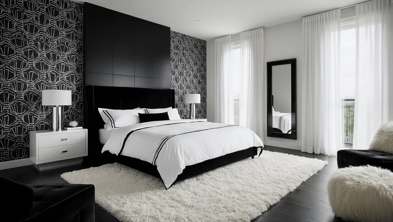 A luxurious modern bedroom featuring a king-size bed with white linen and black piping, geometric black and white wallpaper, sheer white curtains, and a plush white shag rug on dark hardwood floors, captured in soft morning light with a shallow depth of field.