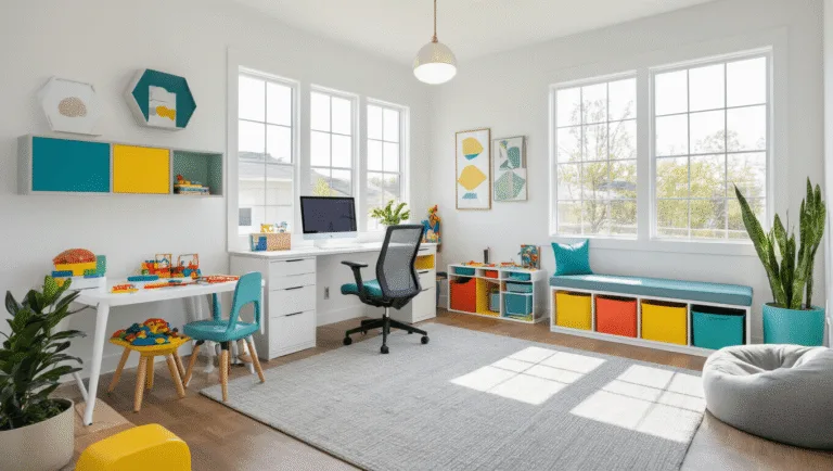 Bright contemporary home office and playroom combo with large windows, white walls, ergonomic furniture, colorful storage, and geometric decor, captured in photorealistic detail during golden hour.