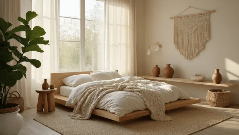 Serene modern organic bedroom with soft morning light, low-profile wooden platform bed dressed in ivory and oatmeal linen, mismatched nightstands, and a large fiddle leaf fig, captured in a warm, ethereal atmosphere.