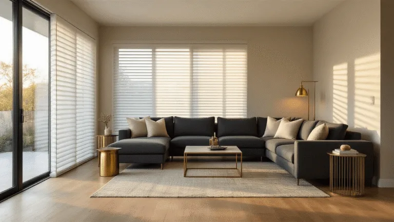 A contemporary living room featuring 8-foot sliding glass doors with white panel track blinds, warm golden hour light illuminating the space, honey oak flooring, a charcoal sectional sofa, brass-accented side tables, and layered neutral throw pillows, all captured with a cinematic wide-angle perspective.
