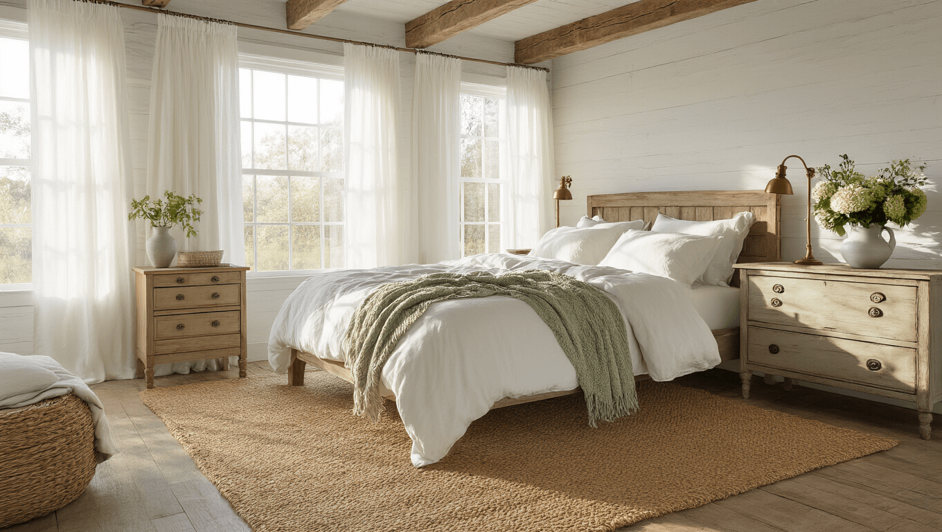 Photorealistic wide-angle shot of a sunlit cottage bedroom with a weathered oak queen bed, crisp white linens, and sage green chunky knit throws, featuring vintage brass table lamps, an antique pine dresser with wildflowers, a leather armchair, and exposed wooden beams, all bathed in golden morning light.