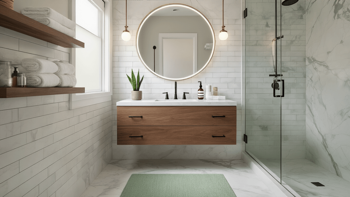 Photorealistic image of a compact luxury bathroom featuring white subway tiles, a marble vanity, a circular mirror with LED lighting, and a sage green bath mat, illuminated by soft morning light.