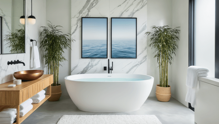 An ultra-modern spa bathroom featuring a freestanding white oval tub surrounded by marble-veined walls, a floating bamboo vanity with a copper vessel sink, and minimalist ocean photography, all bathed in bright natural morning light.