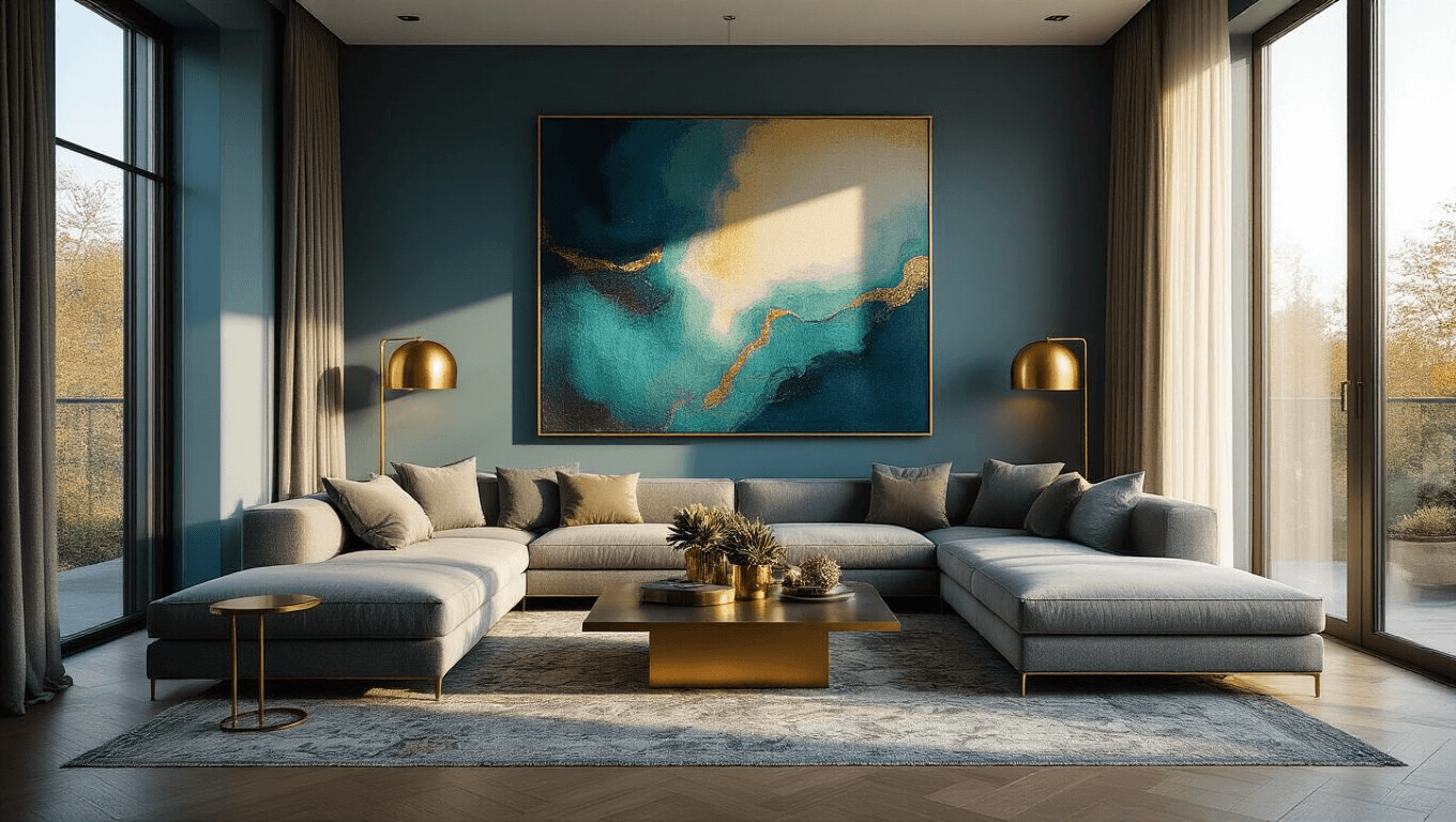 A sunlit modern living room featuring floor-to-ceiling windows, a plush gray sectional sofa, a vintage Persian rug, and a dramatic oversized abstract canvas artwork in a deep blue, teal, and gold palette, with warm golden light streaming through sheer curtains and minimalist decor.
