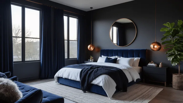 A hyperrealistic wide shot of a luxurious contemporary bedroom at twilight, featuring deep charcoal walls, a plush midnight blue velvet headboard, crisp white bedding, and dramatic copper lighting, complemented by floor-to-ceiling navy curtains and a fiddle leaf fig plant.