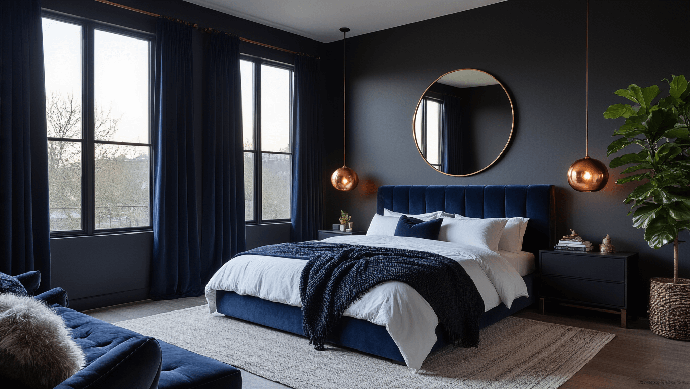 A hyperrealistic wide shot of a luxurious contemporary bedroom at twilight, featuring deep charcoal walls, a plush midnight blue velvet headboard, crisp white bedding, and dramatic copper lighting, complemented by floor-to-ceiling navy curtains and a fiddle leaf fig plant.