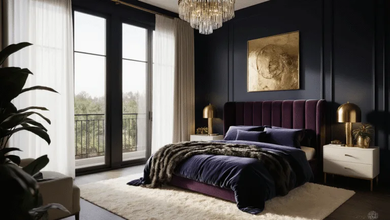 A luxurious master bedroom retreat featuring dark navy and black walls, a king-size bed with a plush velvet headboard, warm ambient lighting from brass table lamps, sheer white curtains, and an elegant crystal chandelier, all captured in moody atmospheric light.