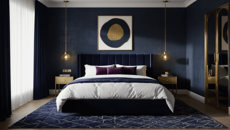 Cinematic wide shot of a luxurious master bedroom with deep navy walls, a king-size platform bed with a channeled velvet headboard, layered bedding in white and plum, brass pendant lights, and an abstract art piece, all enveloped in golden hour light.