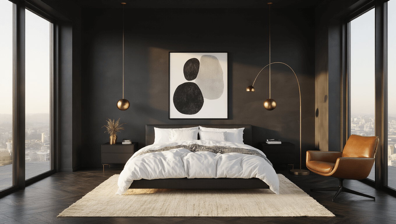 A luxurious minimalist bedroom with deep charcoal walls, golden hour sunlight streaming through floor-to-ceiling windows, featuring a low-profile king bed with white linens, black nightstands, brass lamps, a cream Moroccan rug, and a cognac leather reading chair, all styled with moody atmospheric lighting and abstract art.