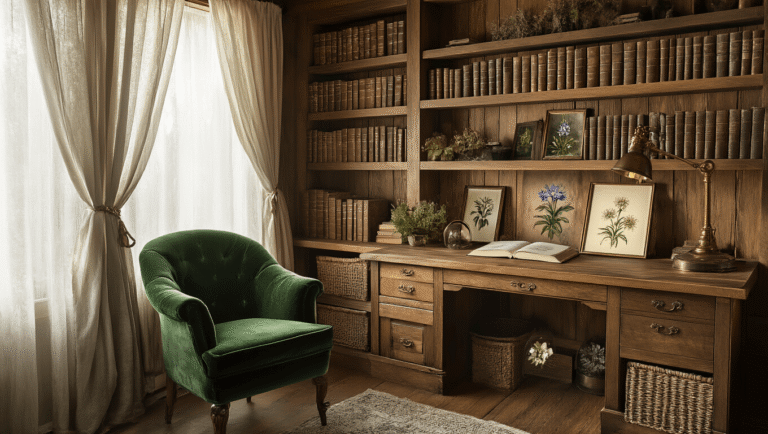 Alpine Flowers: Nature's Resilient Mountain Jewels A cozy mountain botanical study nook featuring built-in oak bookshelves filled with leather-bound alpine flower guides, vintage botanical illustrations, a forest green velvet reading chair, an antique brass floor lamp, and a weathered wooden desk adorned with pressed flowers and dried alpine specimens, all illuminated by soft morning light filtering through gossamer curtains.