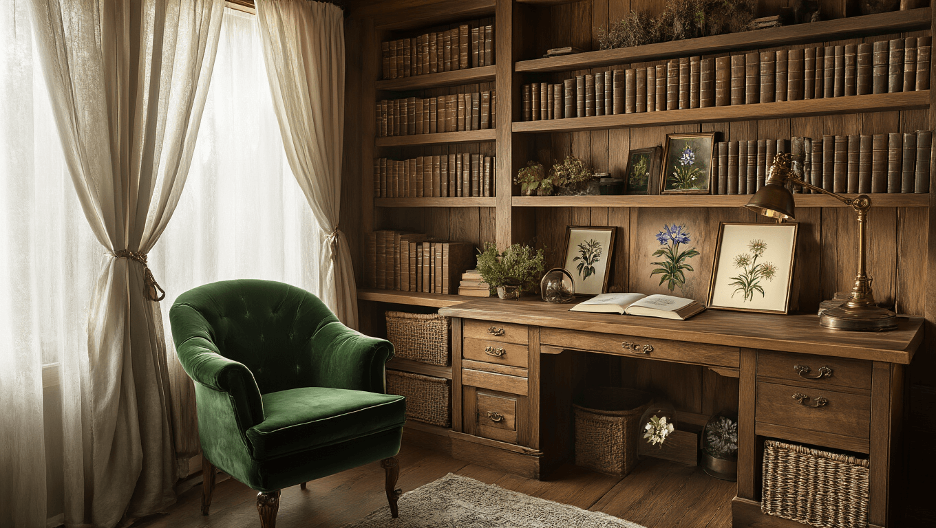 A cozy mountain botanical study nook featuring built-in oak bookshelves filled with leather-bound alpine flower guides, vintage botanical illustrations, a forest green velvet reading chair, an antique brass floor lamp, and a weathered wooden desk adorned with pressed flowers and dried alpine specimens, all illuminated by soft morning light filtering through gossamer curtains.