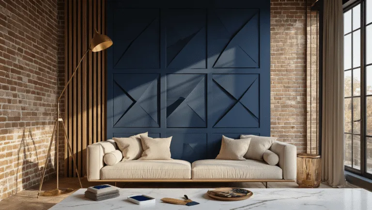 Cinematic interior photography of a living room accent wall transformation featuring a navy blue wall, charcoal gray geometric panels, exposed brick samples, and wooden slats arranged on a marble surface. Includes soft-focus cream linen sofa and cognac leather chair, illuminated by warm golden hour sunlight.