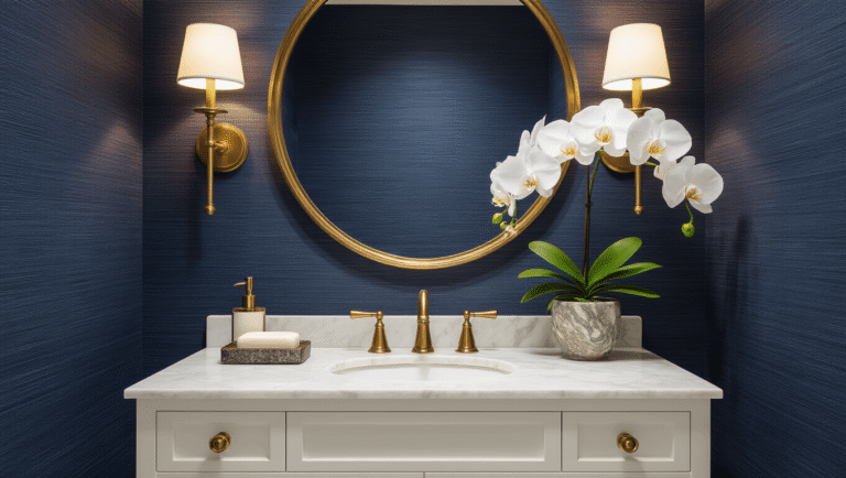 Elevate Your Half Bathroom: Stunning Decor Secrets Revealed Elegant half bathroom with navy grasscloth wallpaper, brass accents, round mirror, white marble vanity, and ambient lighting, in a photorealistic, cinematic style.