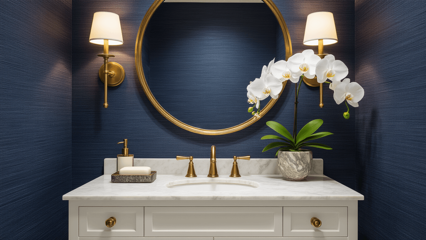 Elegant half bathroom with navy grasscloth wallpaper, brass accents, round mirror, white marble vanity, and ambient lighting, in a photorealistic, cinematic style.
