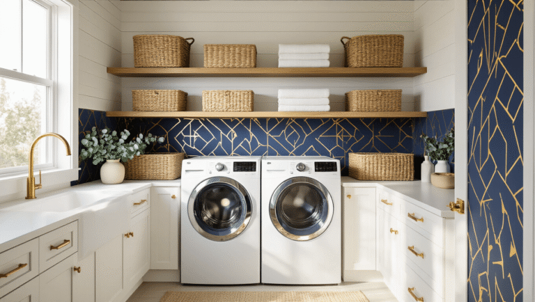 A compact laundry room featuring white shiplap walls and navy geometric wallpaper, stacked washer-dryer units, floating wooden shelves with woven baskets, and eucalyptus sprigs, illuminated by warm golden hour sunlight.