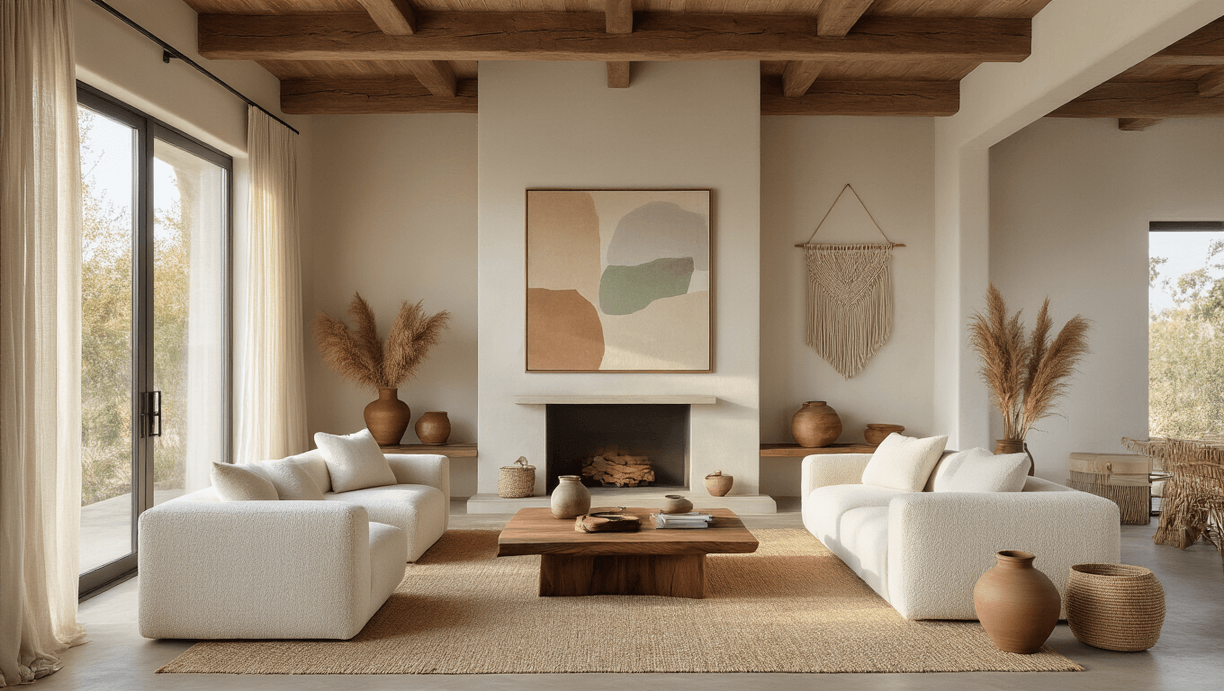A sunlit modern living room with vaulted ceilings, featuring a minimalist fireplace, abstract artwork, and cream bouclé sofas, accented by natural elements like potted fiddle leaf figs, driftwood sculptures, and a jute rug.