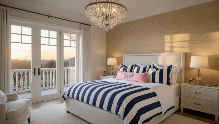 A luxurious preppy master bedroom featuring a California king bed with a navy and white striped duvet, pink oxford stripe shams, and monogrammed accent pillows, illuminated by a crystal chandelier during golden hour, with French doors leading to a sunset balcony view, all captured in hyperrealistic detail.
