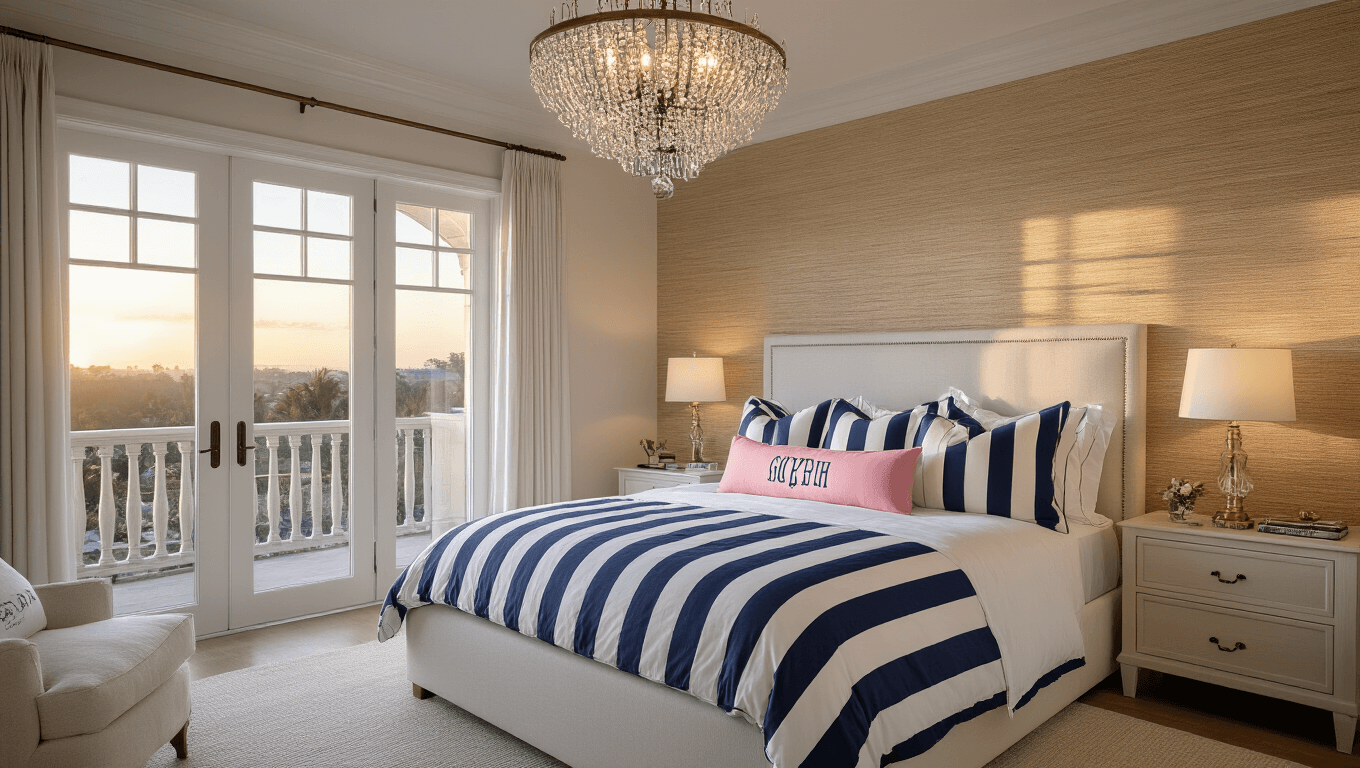 A luxurious preppy master bedroom featuring a California king bed with a navy and white striped duvet, pink oxford stripe shams, and monogrammed accent pillows, illuminated by a crystal chandelier during golden hour, with French doors leading to a sunset balcony view, all captured in hyperrealistic detail.