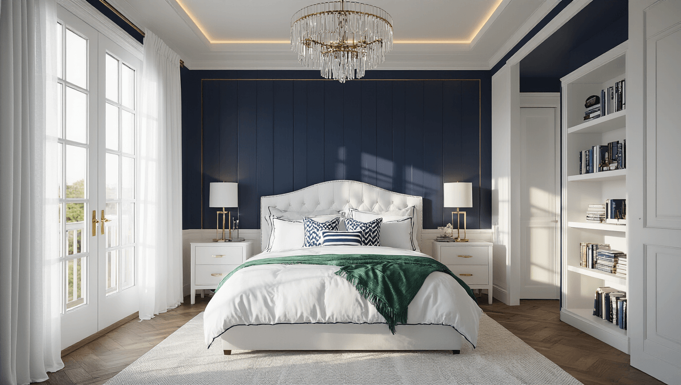 Photorealistic image of a spacious preppy bedroom featuring navy and white decor, a tufted white linen headboard, layered bedding, LED lighting ambiance, and sunlight streaming through floor-to-ceiling windows.