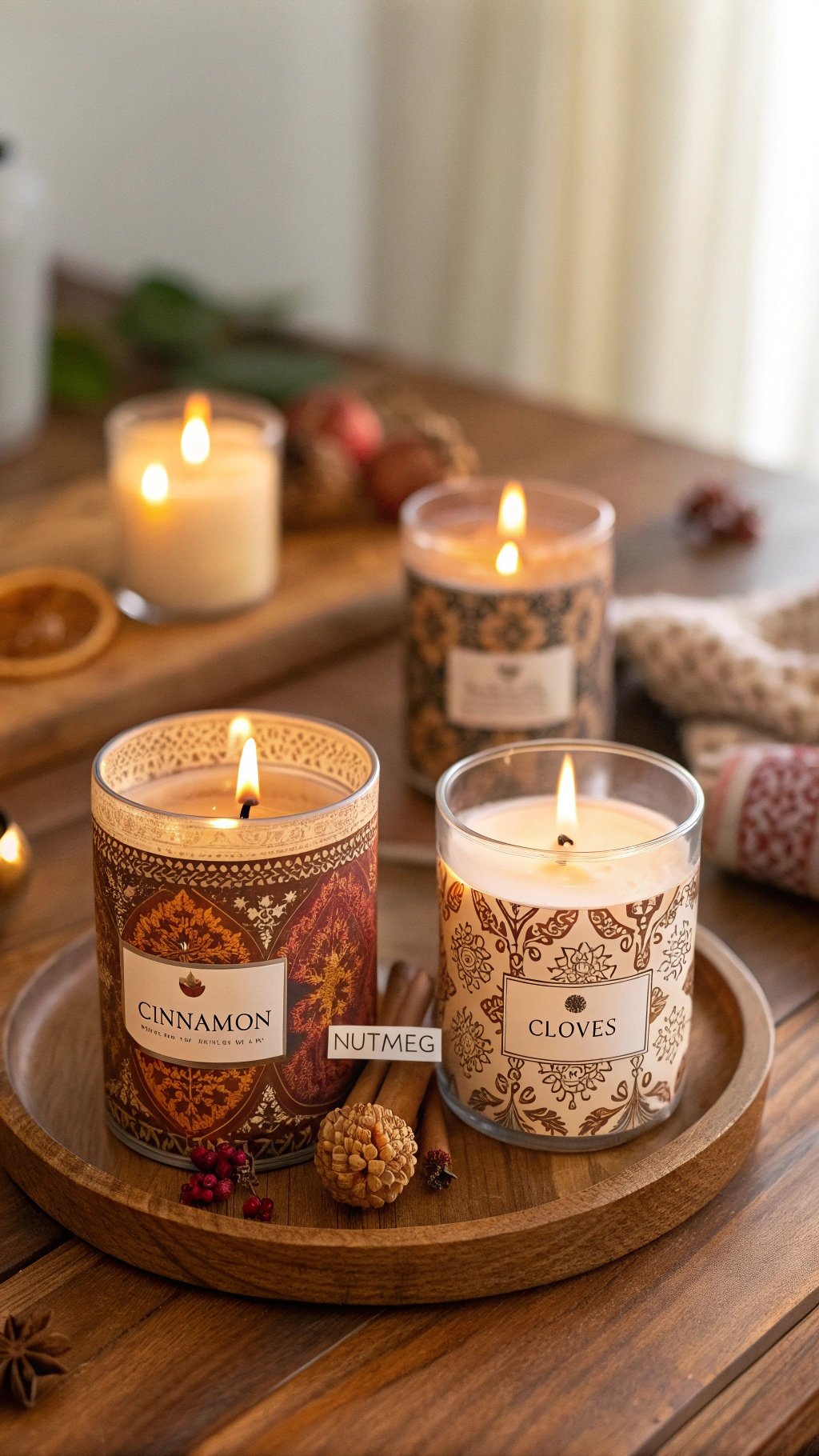 A cozy arrangement of scented candles in warm colors, featuring cinnamon, nutmeg, and cloves.