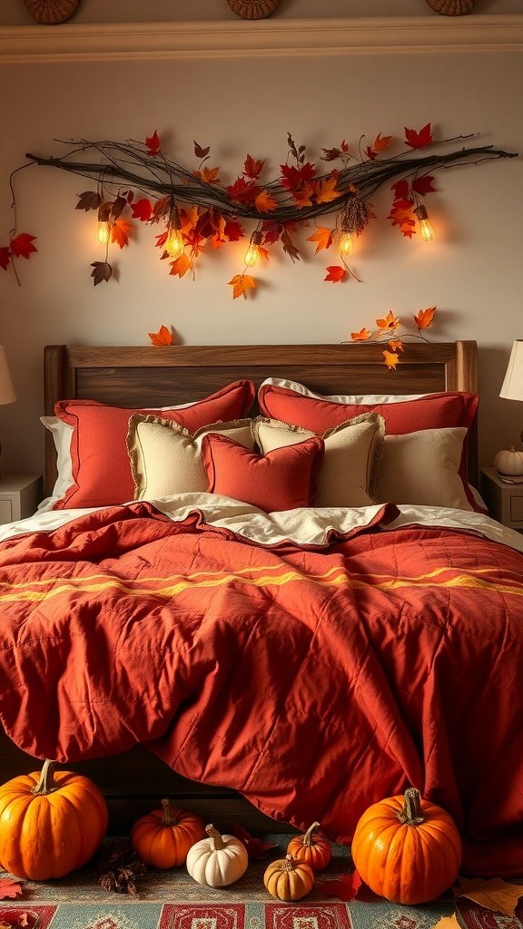 A cozy king bed with fall-themed bedding, decorated with pumpkins and autumn leaves.
