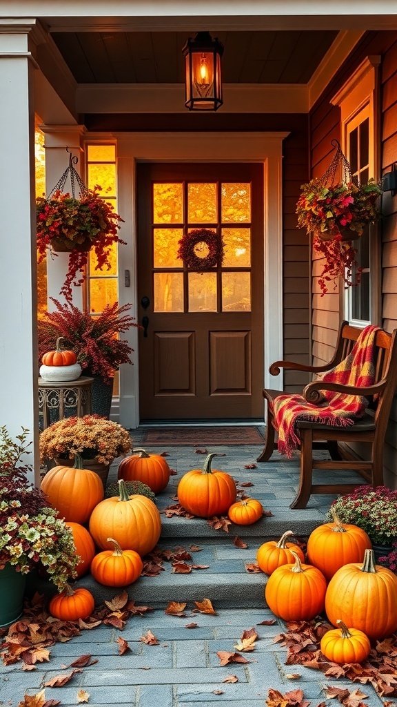 A cozy fall front porch decorated with pumpkins, flowers, and warm lighting.