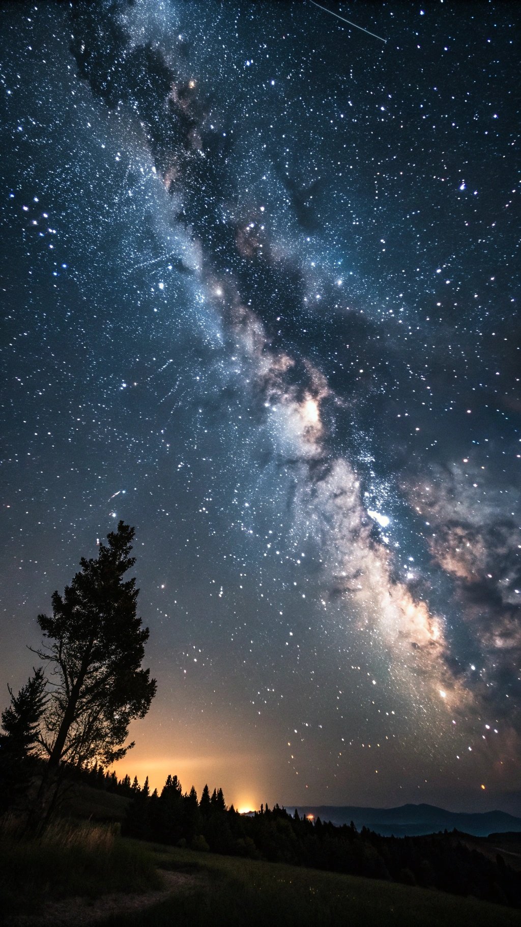 A starry night sky with the Milky Way and silhouettes of trees