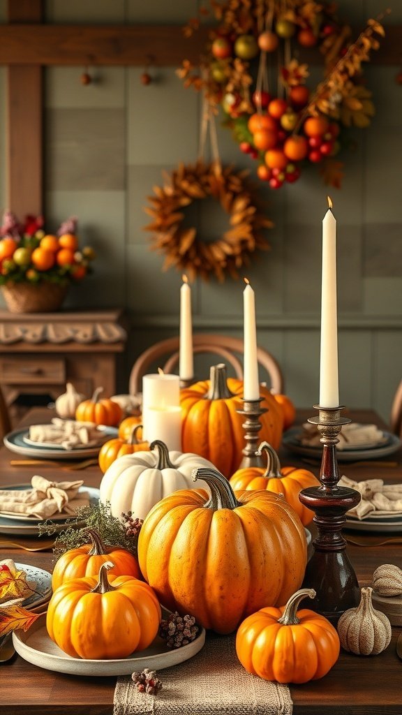 A beautifully arranged fall table centerpiece featuring various pumpkins, candles, and natural decor.