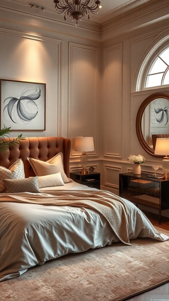 Elegant bedroom with a tufted headboard, soft bedding, and stylish decor. Best Bedroom Ideas of September