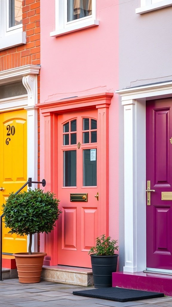 A vibrant scene featuring a coral front door, a sunny yellow door, and a deep purple door, surrounded by potted plants.