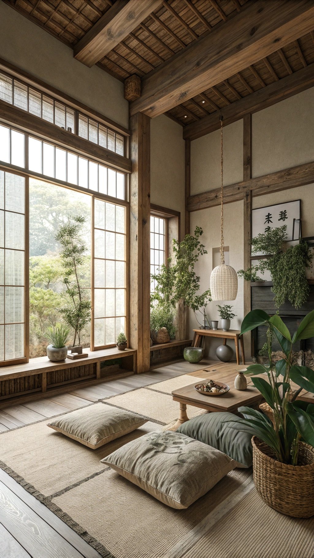 A serene Wabi-Sabi inspired apartment interior with wooden beams, large windows, and natural decor.