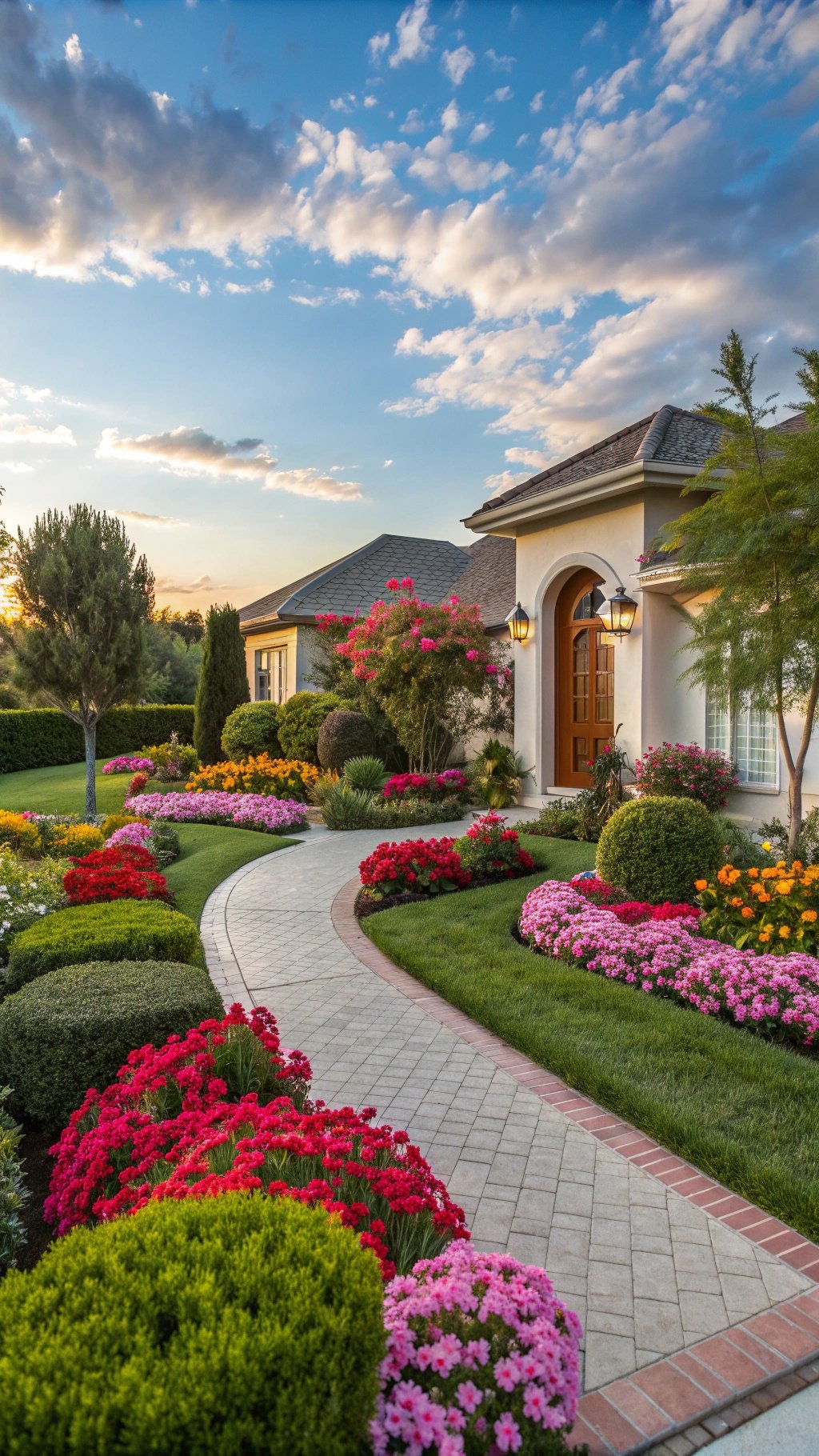 A beautifully landscaped front yard with colorful flowers and a stone pathway.