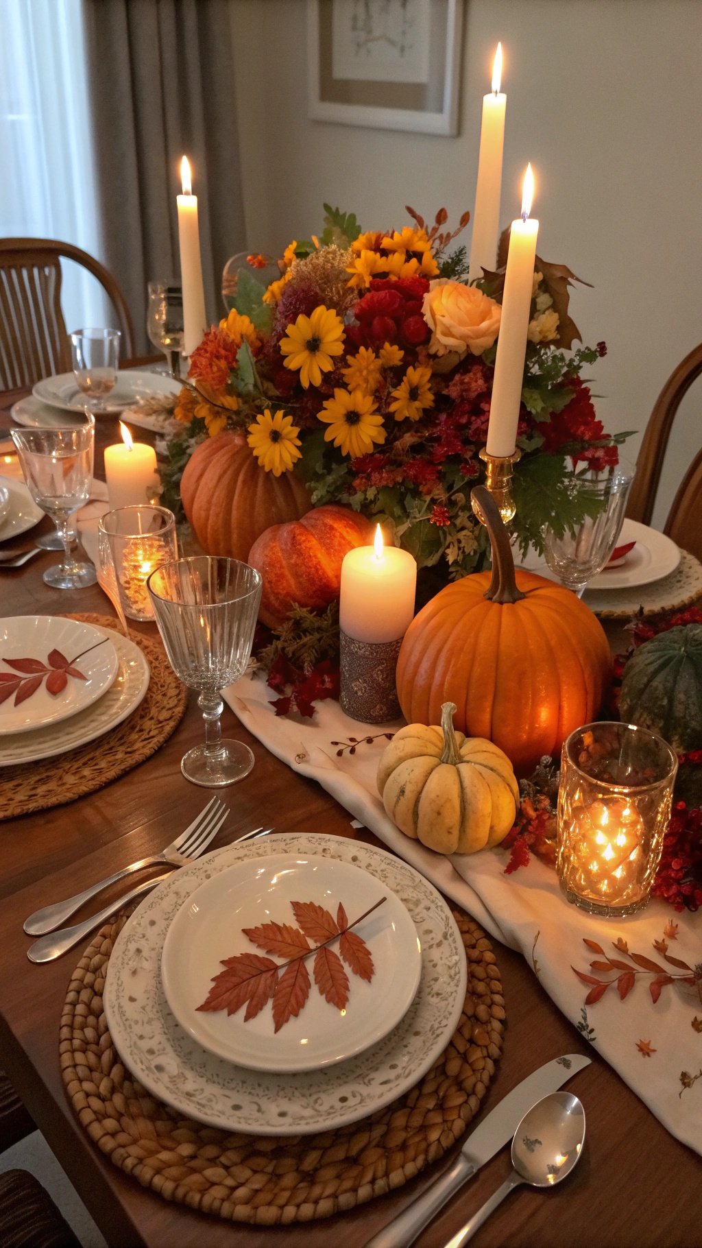 A beautifully arranged Thanksgiving table with candles, pumpkins, and autumn flowers. November Wallpapers