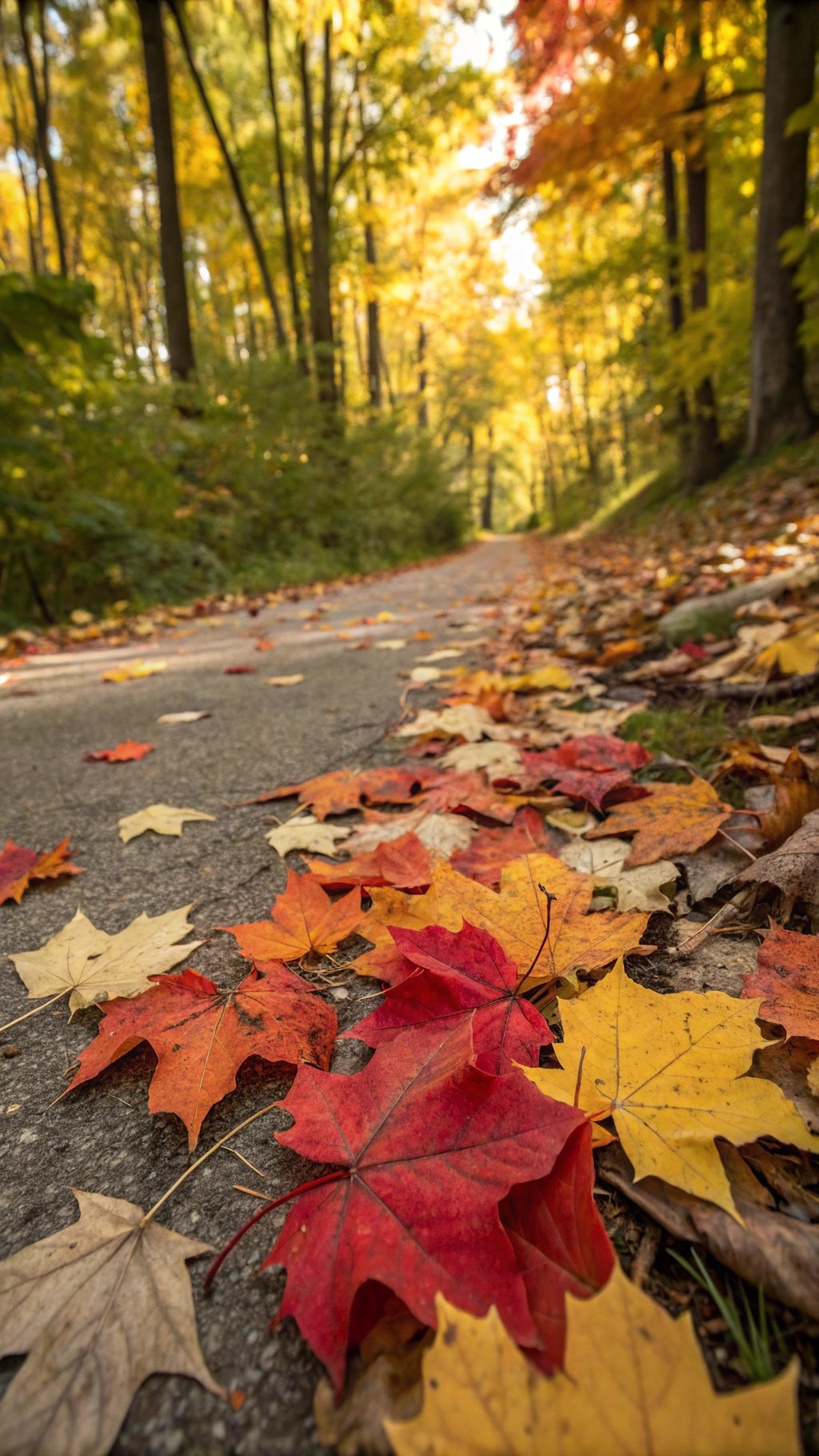 A path covered with colorful autumn leaves in shades of red, orange, and yellow.