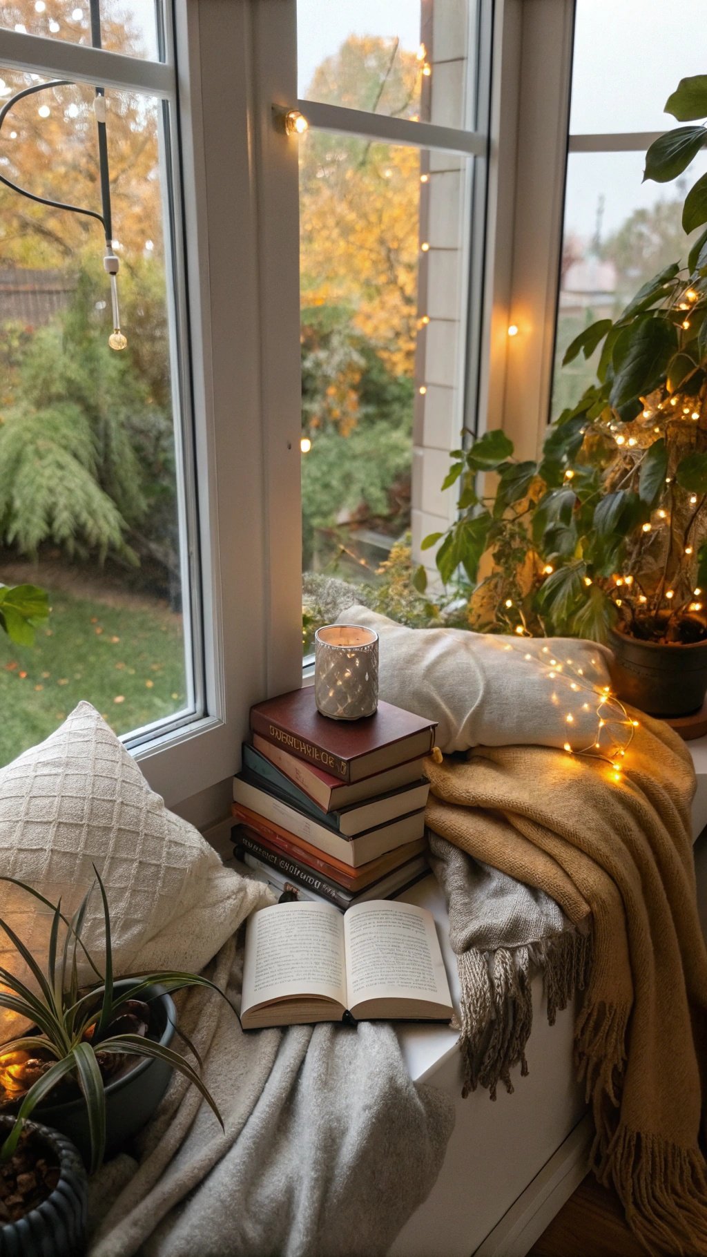 A cozy reading nook with books, blankets, and plants, illuminated by soft lights.