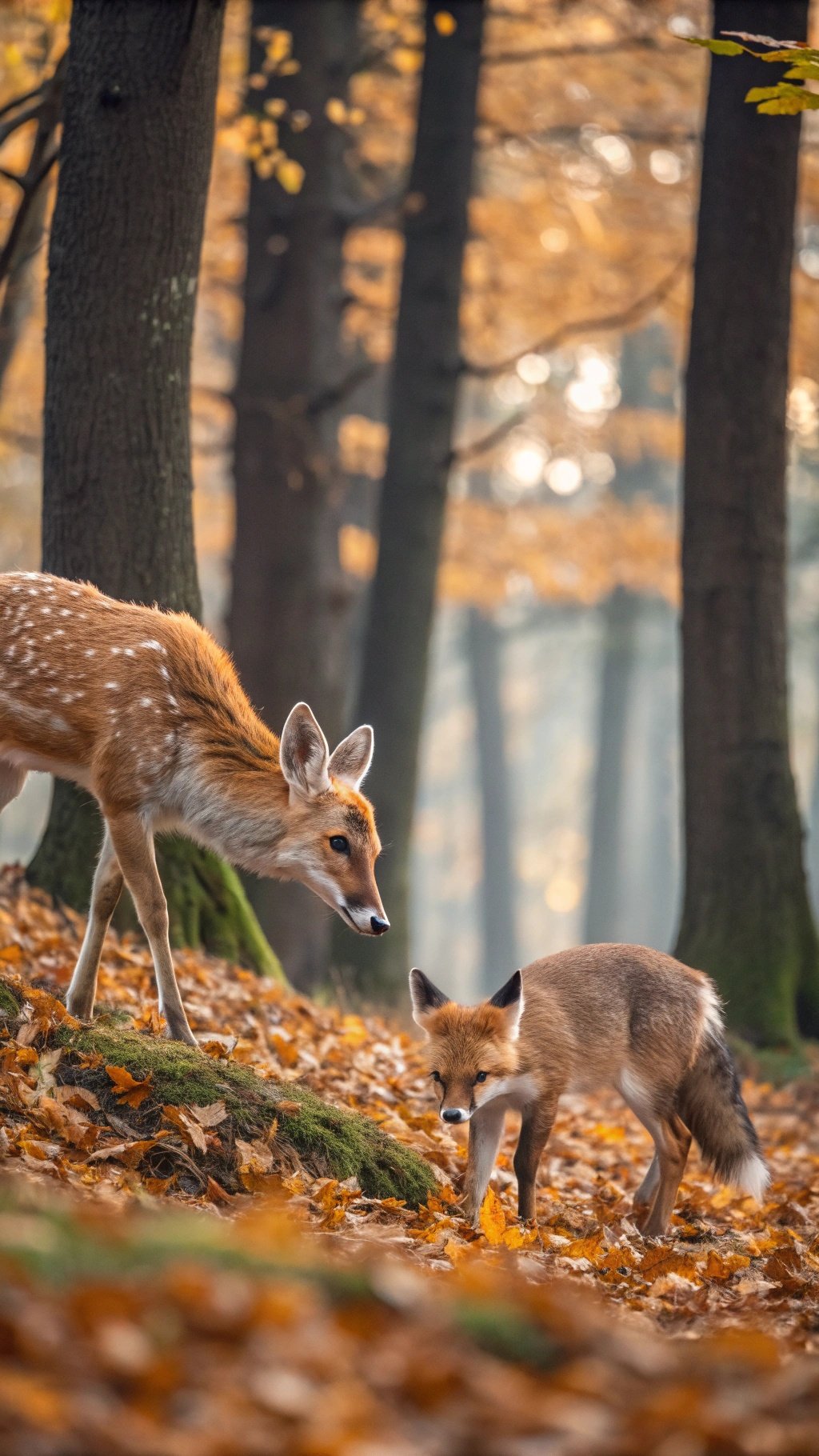 A deer and a fox in a forest during autumn with fallen leaves.