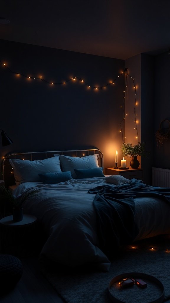 A cozy dark bedroom with soft lighting, fairy lights, and elegant decor.