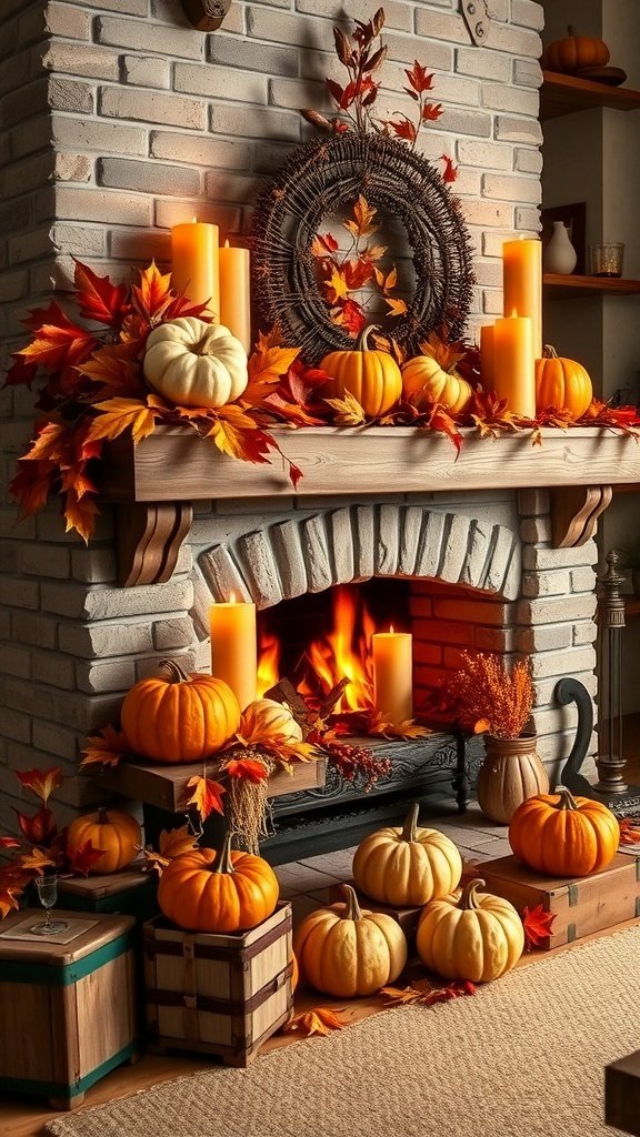 A beautifully decorated fall mantel with pumpkins, candles, and autumn leaves. This September, it’s time to bring that cozy fall vibe into your home with some charming decoration ideas.