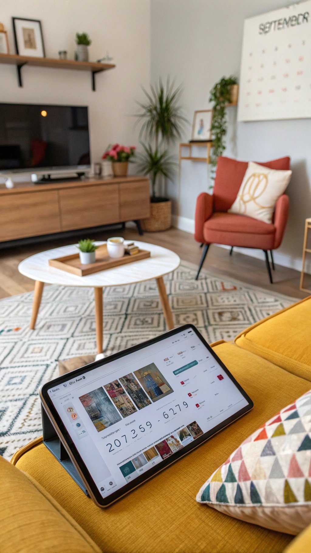 A cozy living room featuring a yellow couch, coffee table, and a tablet displaying design options.